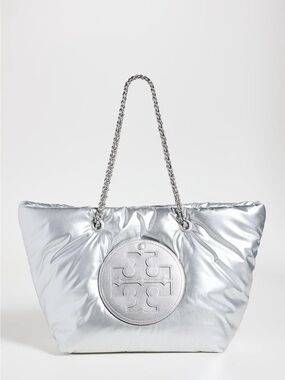 Tory Burch Metallic Silver Quilted Logo Ella Tote with Chain Straps
